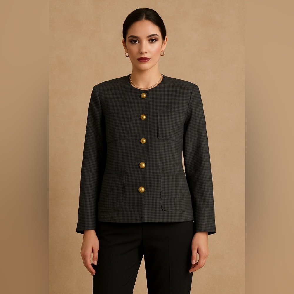 Vintage Devonshire Cream Gold Buttons Wool Houndstooth Boxy Blazer Size 14